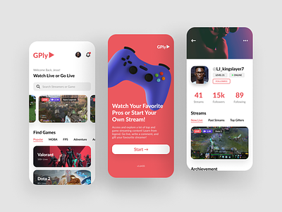 GamePly - Gaming Livestream App app design game gaming profile page splash ui videogame