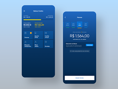 Beblue Credito - Tela inicial e faturas balance beblue bills blue credit creditcard design fatura number payment ui ux