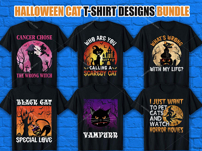 Halloween Cat T-Shirt Designs Bundle