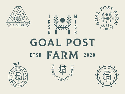 Goal Post Farm Elements badge branding farm fruit icon letters lockup logo mississippi monogram patch sun system tree typography
