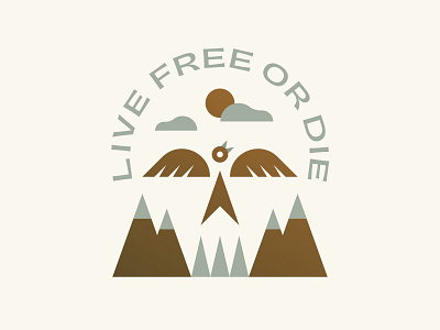 Live Free or Die badge bird icon lockup logo mountains nature outdoors patch skull sun trees typography