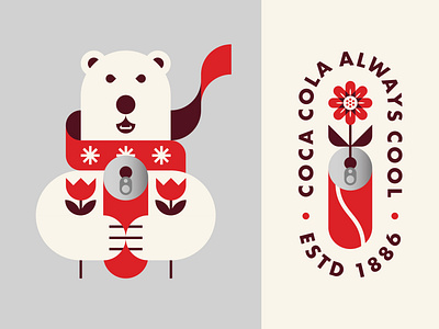 Polar Bear Holding Coca Cola and Flowers animal badge bear can christmas coca cola coke flower icon illustration logo polar bear scarf snowflakes winter