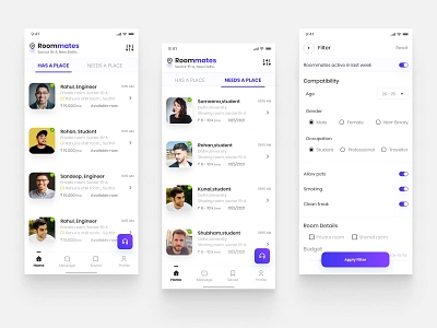 Roommates finder App app design graphic design illustration logo product typography ui uidesign uidesigner userinterface ux uxdesign uxdesigner