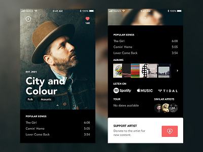 Support Artist Concept App app artist cityandcolor concept design music ui ux