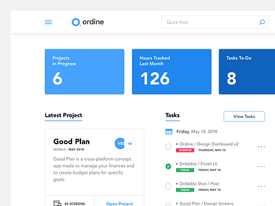 Ordine 2.0 clean dashboard design hours interface task manager ui ux