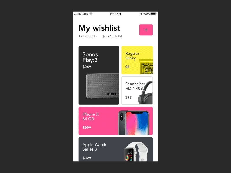 My wishlist animation app cards concept design mobile ui wishlist