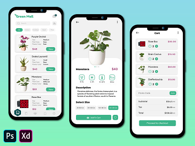 GreenMall - Light mode adobe xd branding cart design green illustration logo mobile app online shop payment photoshop plant plant app ps ui uiux ux