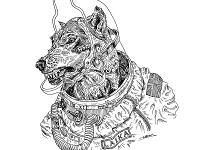 Space Wolf animal astronaut creature illustration ink illustration spaceman wolf