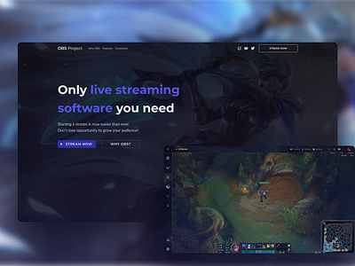 OBS Studio Landing Page Concept app art blue blurry clean colorful concept games gaming gradient landing page league of legends minimalist navigation observe recording software streaming streaming app web
