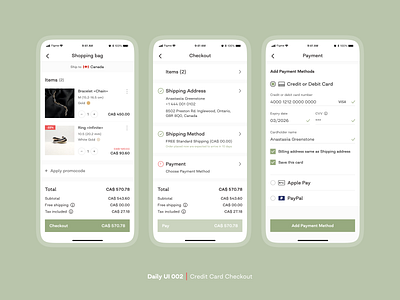 Credit card checkout - Daily UI 002 app checkout credit card daily daily ui design e commerce jewelry mobile app payment payment method shopping app shopping bag ui uiux ux
