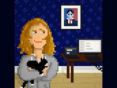Girl with her cat and computer aseprite pixel art