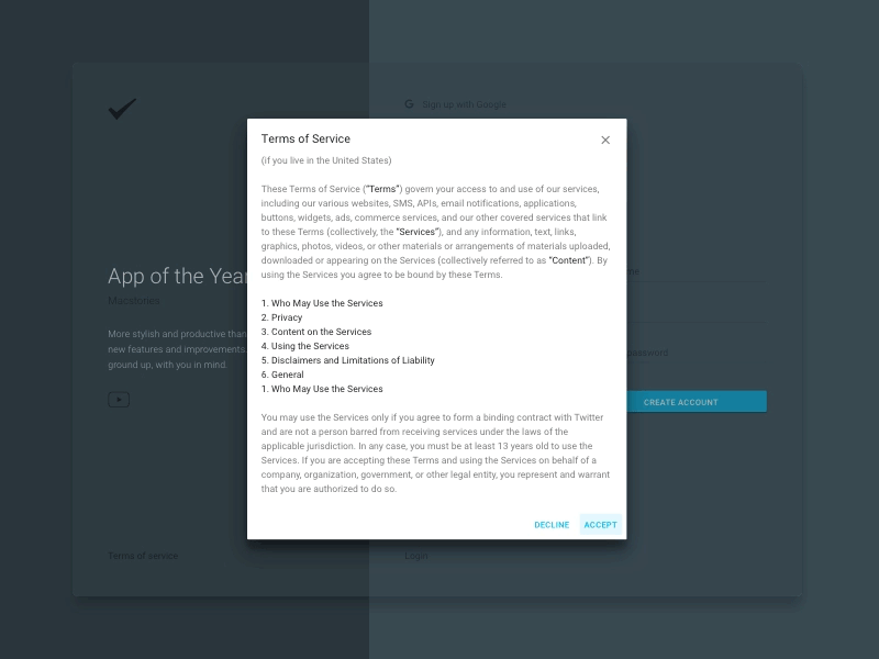 Terms of service dialog material design modal terms of service
