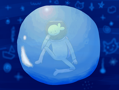 lonely bubble alone blue cartoon cute darryl the fish digital art fan art fanart illustration sea the midnight gospel