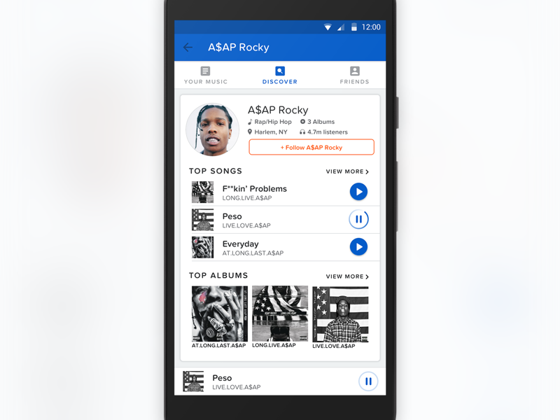 Artist Profile asap rocky interface mobile material design music android ux ui design app