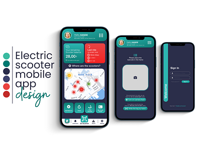 E-Scooter mobil app design UX/UI app branding color design graphic design icon illustration logo mobil app typography ui ux vector