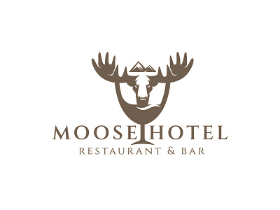 MOOSE HOTEL AND BAR MODERN LOGO bar logo brand identity colorful logo flat graphic design hotel logo logo minimal modern logo moose moose head mor mountains red wine red wine glass restaurant sterngd vector