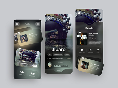 Jibaro (Netflix) app cards concept dark death design figma gradient jibaro love mielgo mobile netflix robots streaming ui
