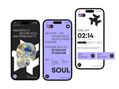 Datasoul - immortality app concept 3d app application black cards concept death design designpractice figma future grid immortality interface mobile purple skull soul timer ui