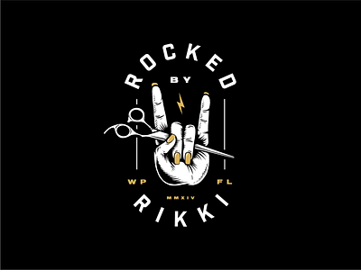 Rocked By Rikki badge barber florida grunge hair care hair salon hair stylist hand illustration industrial logo orlando procreate punk rock rock and roll scissors shears vintage winter park