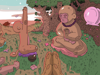 Meditating monkeys book art digital illustration fantasy art fantasy illustration illustration landscape illustration meditation