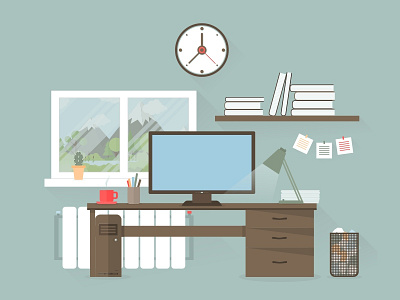 Office book clock computer cup desk flat illustration lamp monitor office paper vector