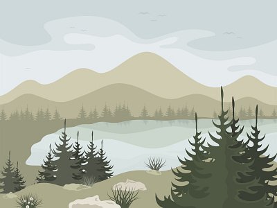 Lake cloud illustration lake mountain nature pine rock sky snow vector winter wood