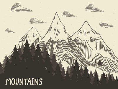 Mountain forest hand draw illustration mountain nature retro sky tree vector