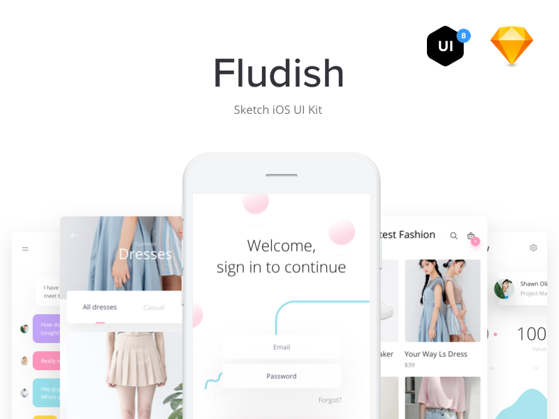 Fludish — Fluent iOS UI Kit designed for Sketch. ui8 sketch ui tool uikit app ios minimalism fluent