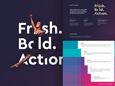 Fresh. Bold. Action. animation colourful diagram purple teal. pink typography web page website
