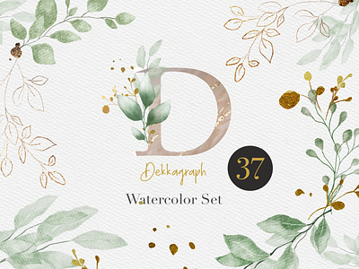 Watercolor & Gold Leaves Collection, Greenery Clipart, Watercolo