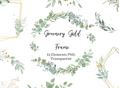 Watercolor Green Gold eucalyptus Geometric frame eucalyptus greenery bouquets greenery frames watercolor clipart