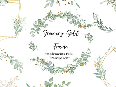 Watercolor Green Gold eucalyptus Geometric frame eucalyptus greenery bouquets greenery frames watercolor clipart