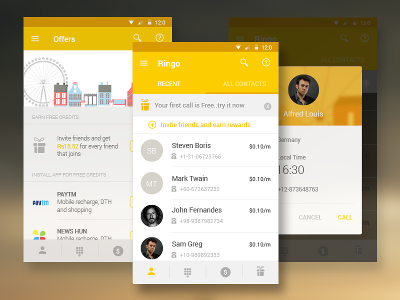Ringo Android - International Calling App android ui material design design ux calling app international contact list roaster profile tabs offers