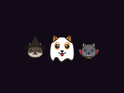Halloween for the gang cat design dog flat ghost halloween halloween party illustration illustrator logo shiba ui vampire vector witch