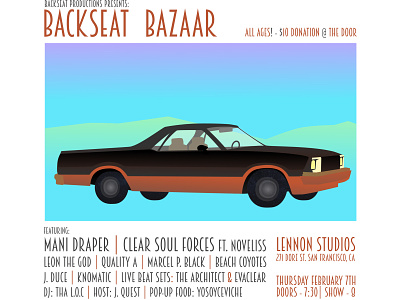 Backseat Bazaar aftereffects backseat productions beach coyotes california clear soul forces design flyer design illustration mani draper noveliss san francisco typography vector