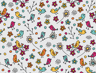 Birds and flowers pattern gray background animals baby shop birds black blue doodle flowers gray background hand drawn hand drawn illustration illustration orange pattern design pink pink flowers springtime summer twigs vector yelow