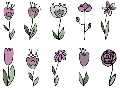 Doodle set of pink flowers and green leaves