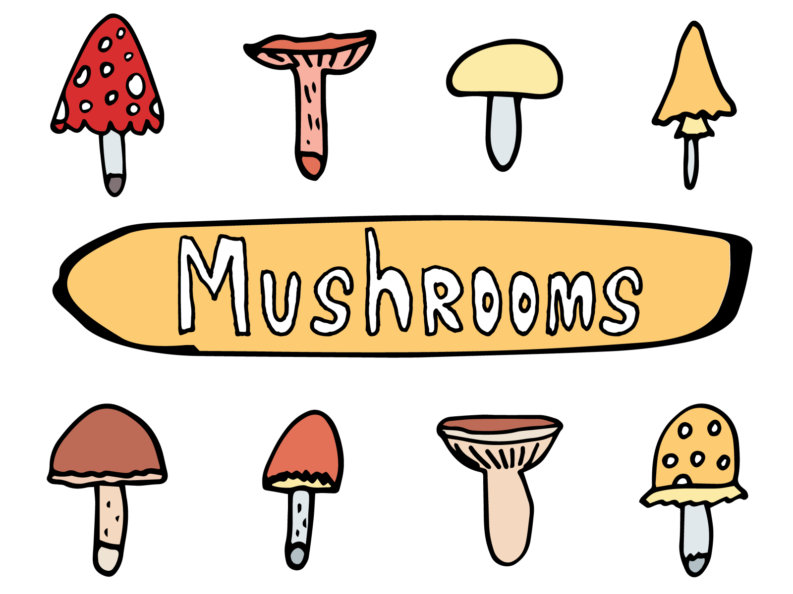 Doodle set of mushrooms. Lettering. Black outline. by Elena on Dribbble