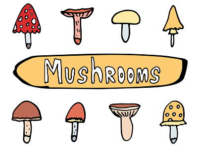 Doodle set of mushrooms. Lettering. Black outline. brown brown mushroom colorful mushrooms doodle gray hand drawn illustration pastel colors vector yellow