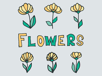 Doodle set of 6 yellow flowers and green leaves doodle floral design graphic design gray outline green leaves hand drawing hand drawn illustration lettering pastel color vector vector flower vector flower illustration vector flowers