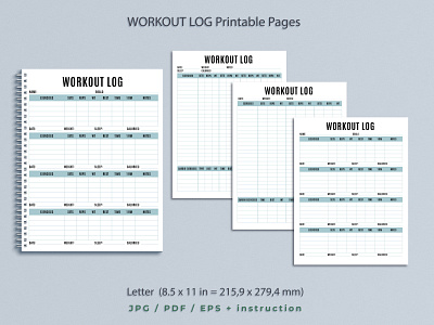 Workout log printable. 3 personal planner pages downloadable. black letters blue and black blue and white blue color design downloadable page graphic design lined page notebook planner pages printable pages sport vector vector page white background workout log