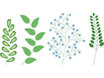 Green leaves, twigs. Fantasy plants. Vector illustration. berries blue design floristics graphic design green green leaves greenery illustration spring summer twigs vector vector illustratio white background