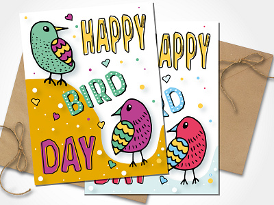 Colorful birds in doodle style | Happy Birthday card | Bird day