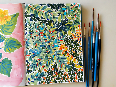 Lush art drawing gouache hand drawn illustration leaves nature painting trees