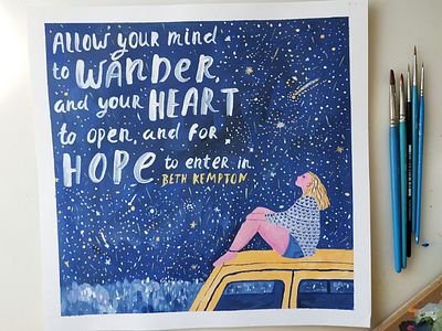 Allow your heart to wander art drawing dream gouache hand drawn hope illustration night sky painting stars wish woman