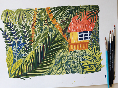 House in the jungle art bush drawing gouache hand drawn house illustration jungle painting