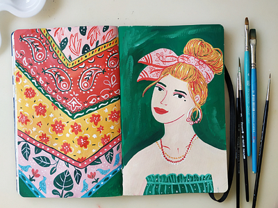 Put the bandana on art bandana drawing girl gouache hand drawn illustration painting summer woman