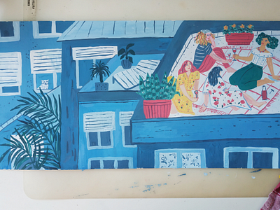 Rooftop picnic art city drawing gouache hand drawn illustration painting picnic summer woman power
