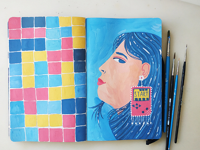 Tetris art drawing game girl gouache illustration painting portrait start tetris woman