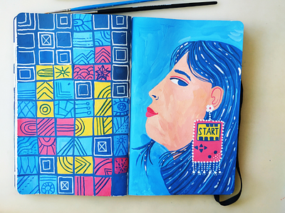 Tetris ( edited ) art drawing game girl gouache hand drawn illustration mase painting portrait tetris woman